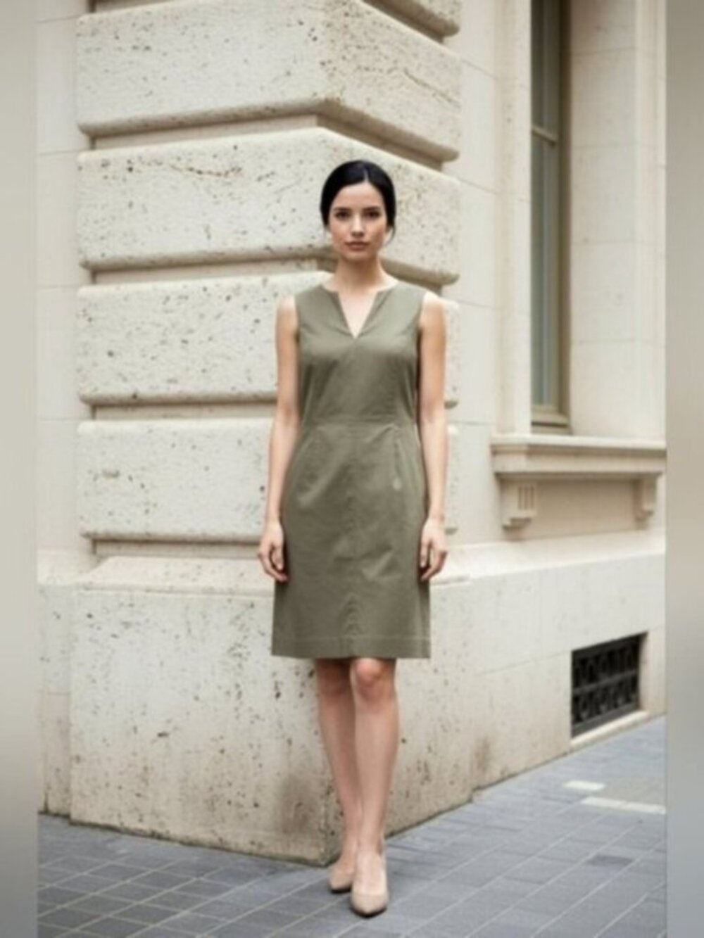 H&M SZ 6 V-Neck Light Army Green Sleeveless Shift Midi Dress Back Slit & Zipper